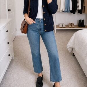 The Blank Lab Navy Cable-Knit Cardigan with Brown Buttons